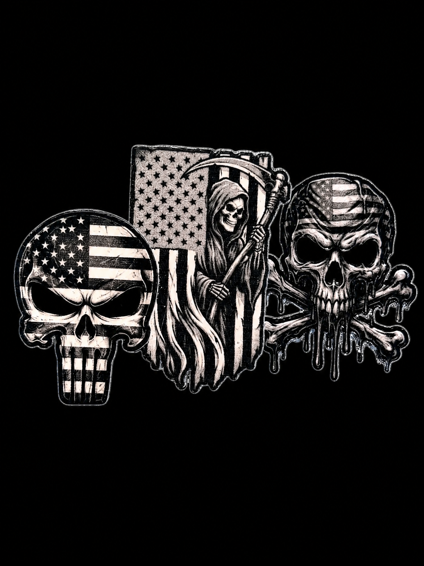Patriotic collage with layered skulls, a grim reaper, rifle, and American flag UV decal