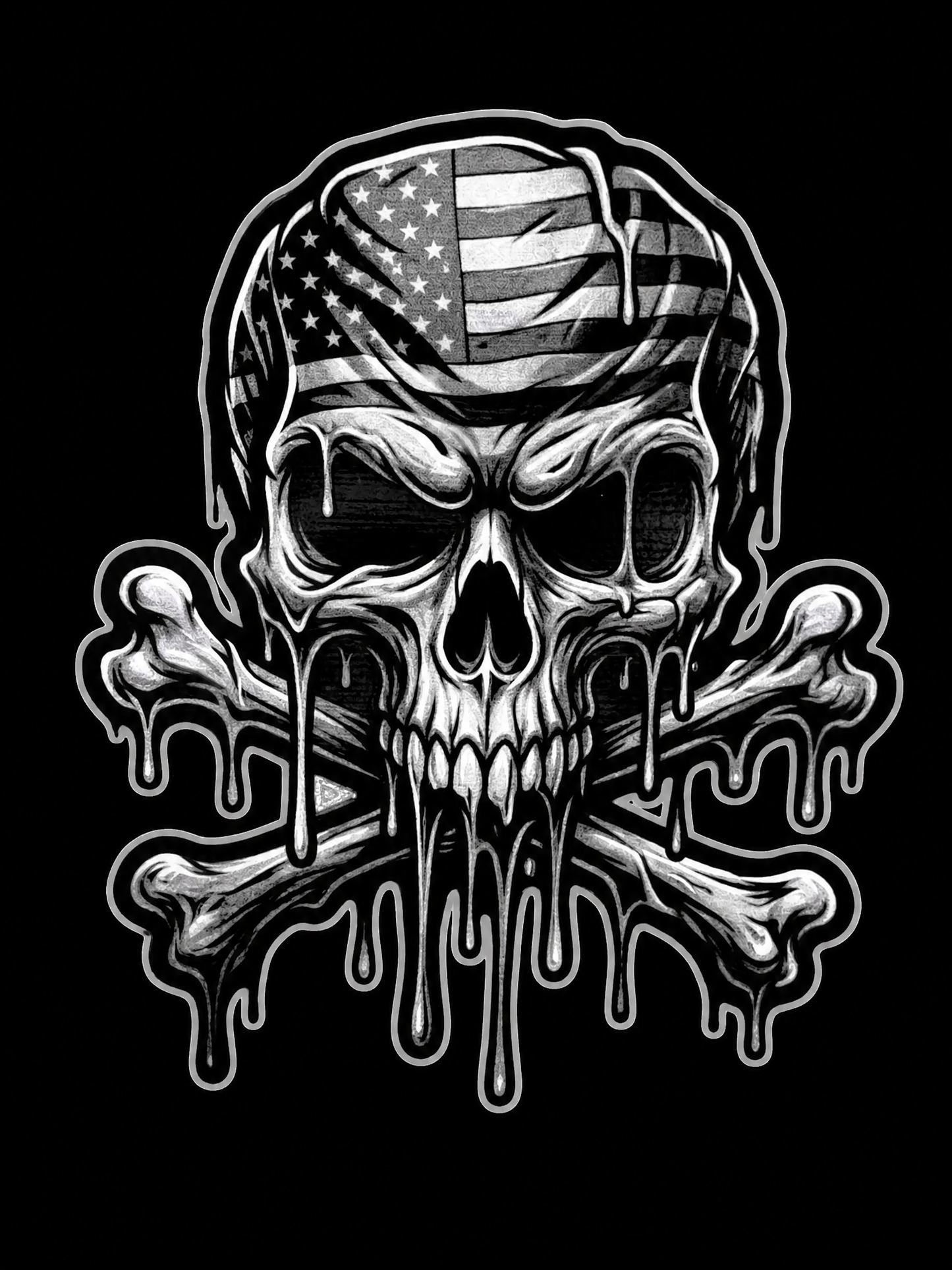 Dripping skull with American flag artwork and crossed bones UV decal