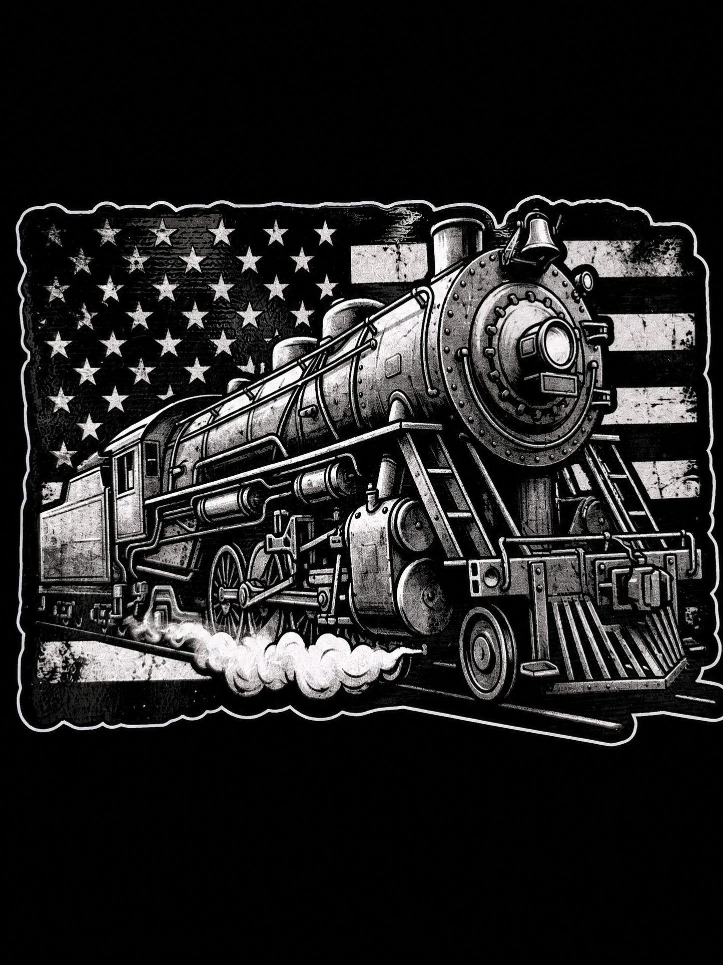 Vintage steam locomotive over a distressed black-and-white American flag UV decal