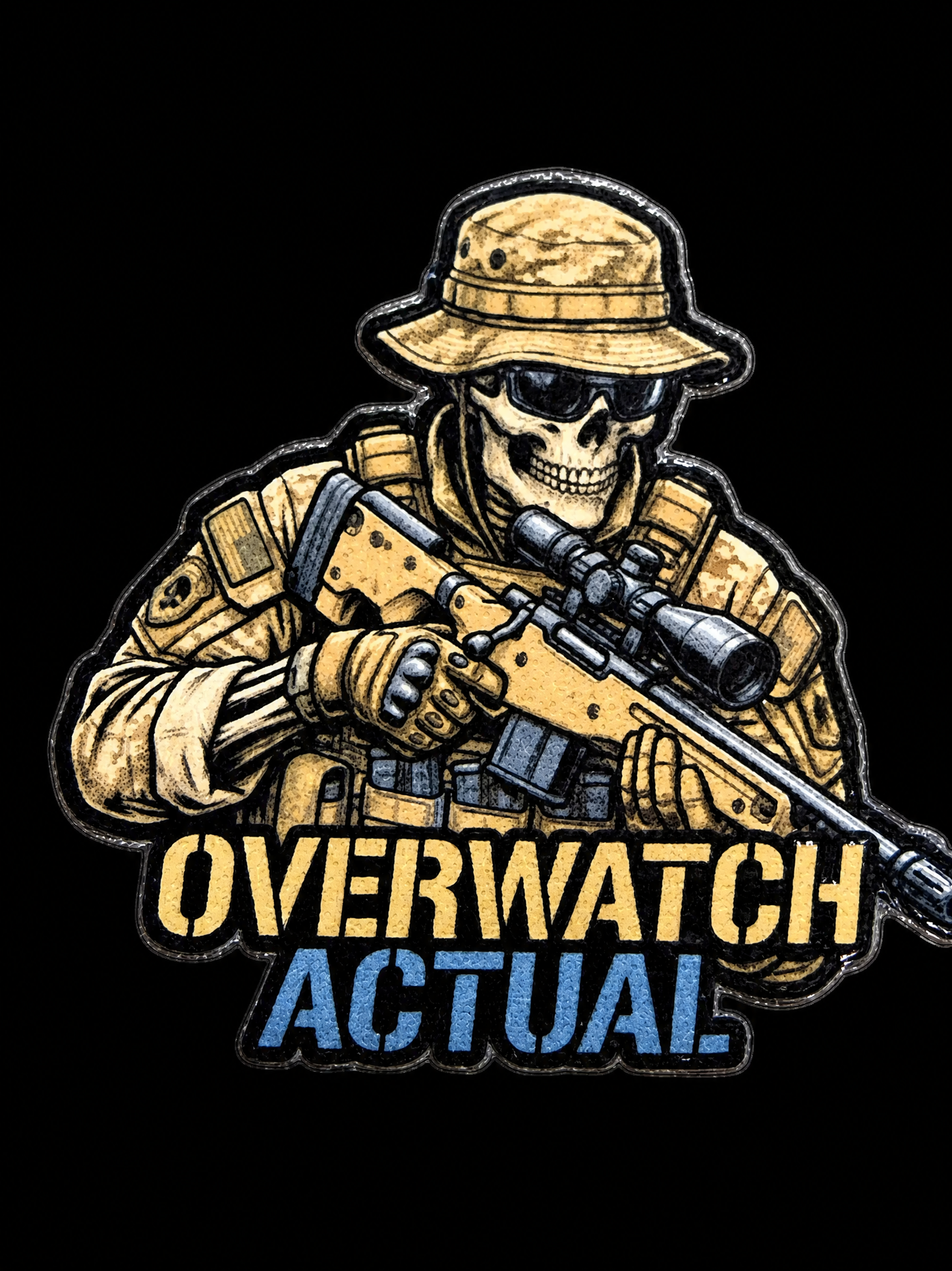 Armed tactical operator in a boonie hat with Overwatch Actual text UV decal