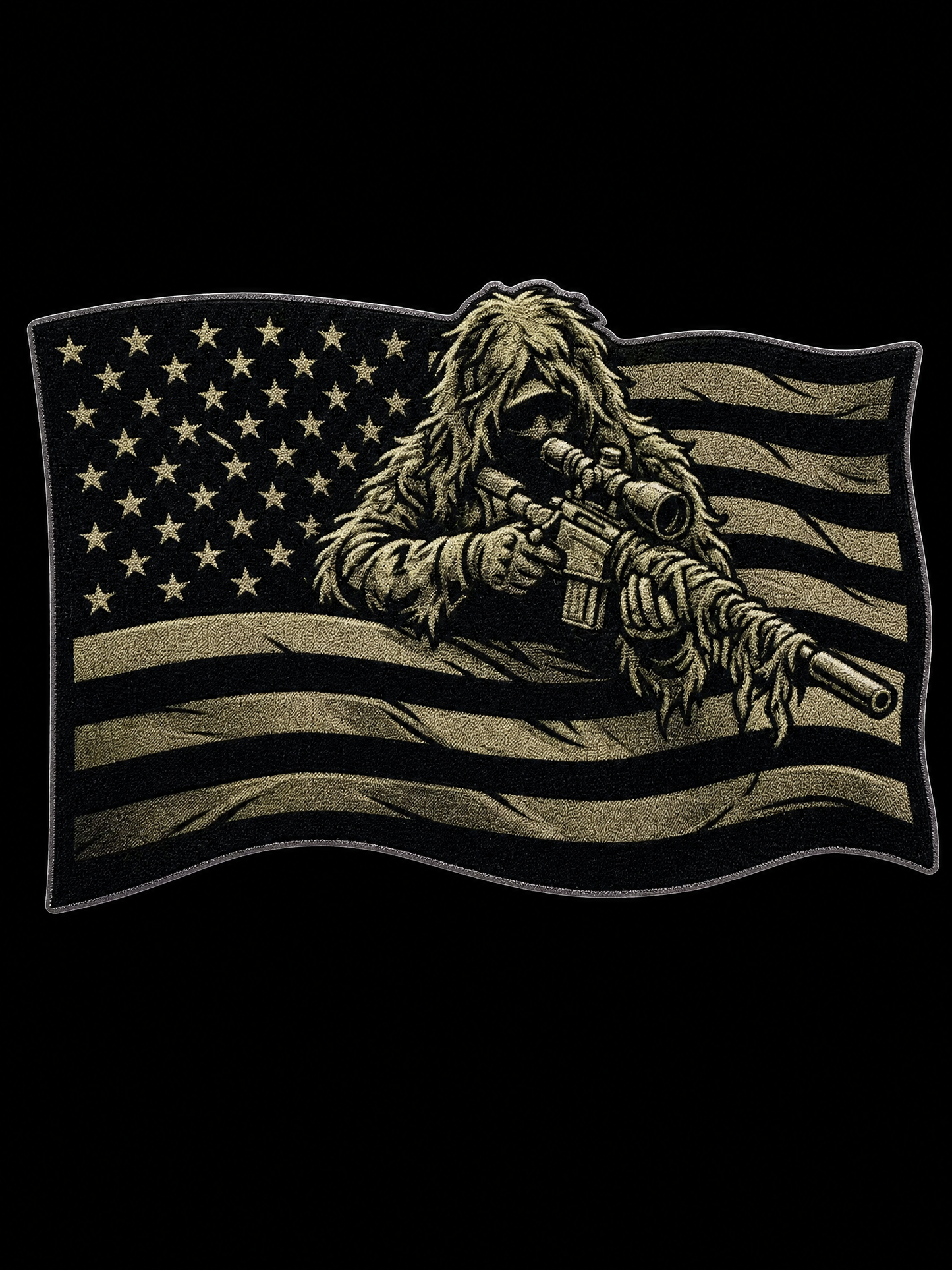 Ghillie-suited sniper with scoped rifle over a muted American flag UV decal