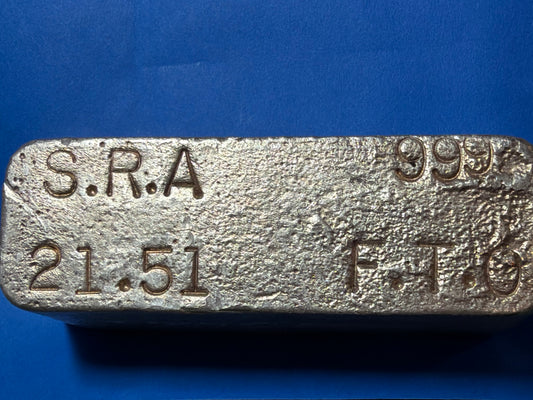 Vintage S.R.A. 21.51 oz Hand-Poured .999 Fine Silver Ingot