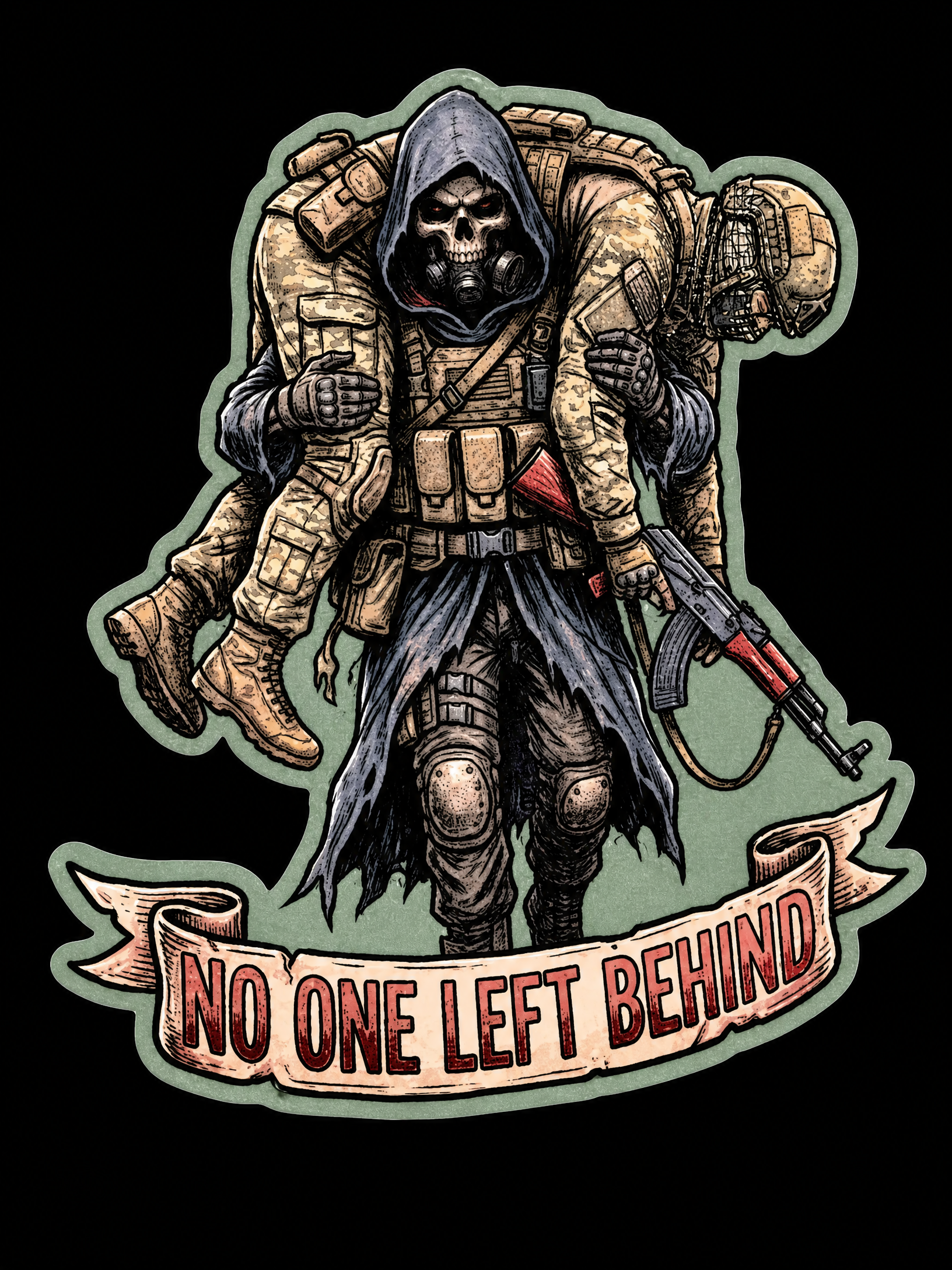 Tactical reaper carrying a wounded soldier above No One Left Behind text UV decal