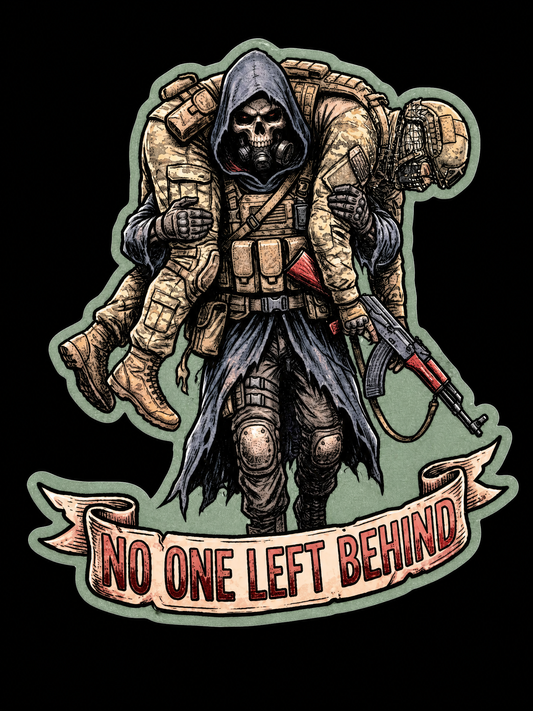 Tactical reaper carrying a wounded soldier above No One Left Behind text UV decal