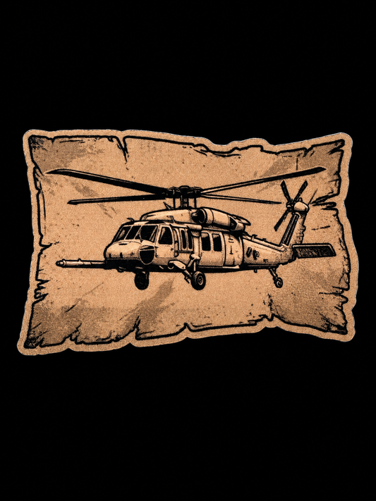 Military helicopter over a distressed tan rectangular field UV decal