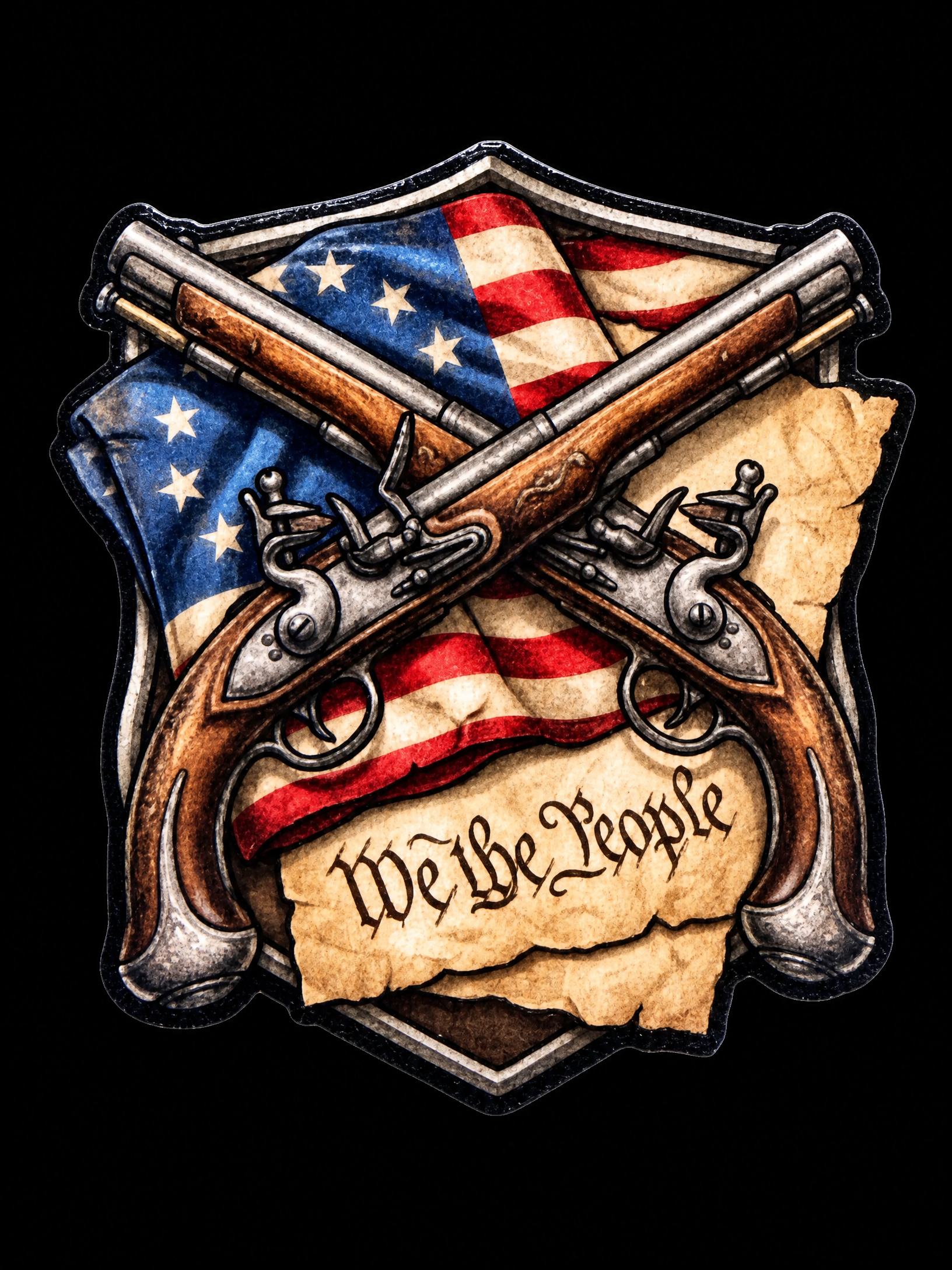 Crossed antique pistols over an American flag shield and We the People parchment UV decal
