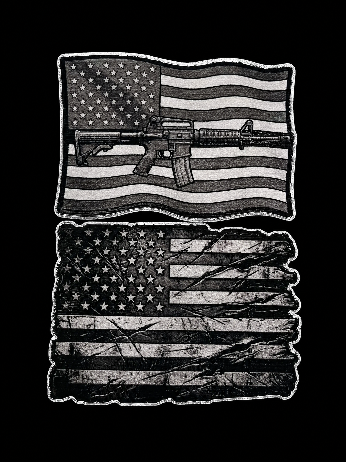 Stacked monochrome American flag panels with rifles integrated into the stripes UV decal