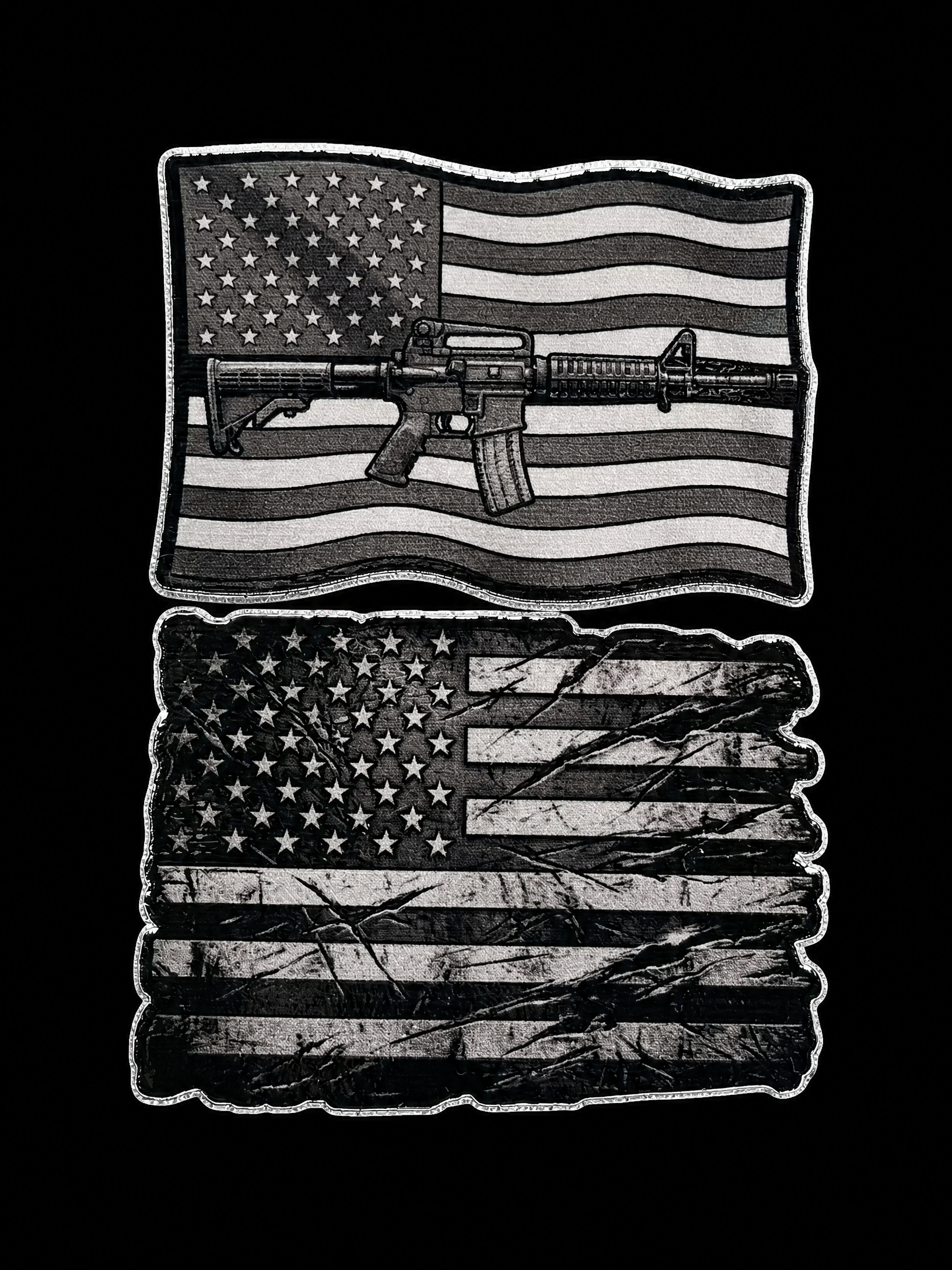 Stacked monochrome American flag panels with rifles integrated into the stripes UV decal