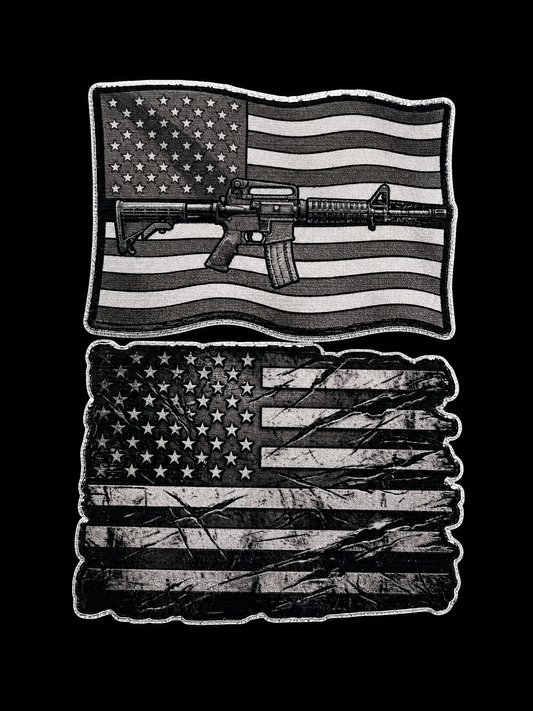 Stacked monochrome American flag panels with rifles integrated into the stripes UV decal