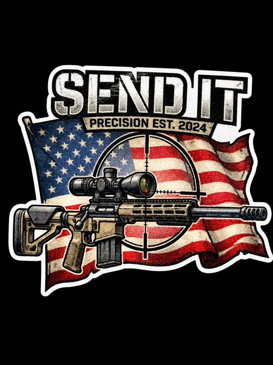 Scoped precision rifle over an American flag with bold Send It text UV decal