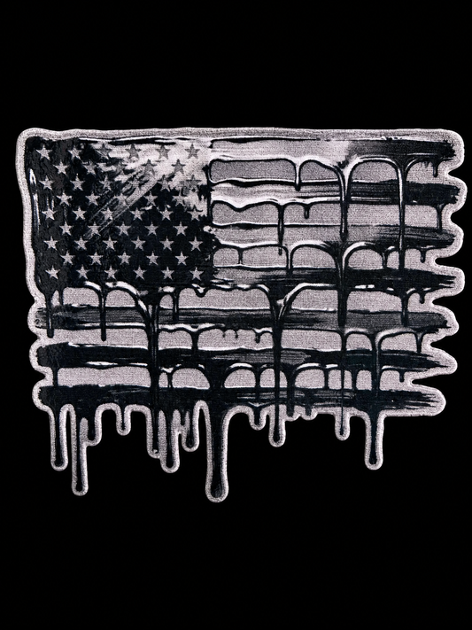 Distressed monochrome American flag with a melting and dripping lower edge UV decal