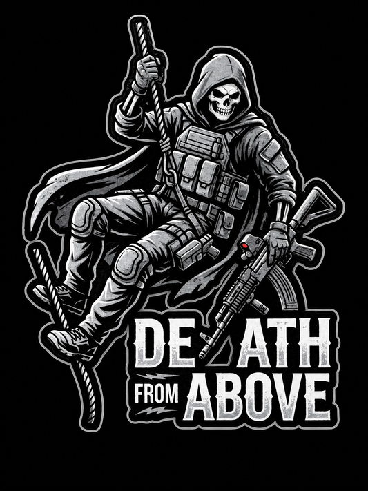 Tactical reaper descending a rope with rifle above Death From Above text UV decal