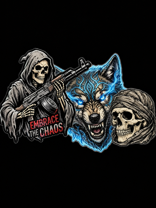 Blue-eyed wolf, hooded reaper, skull, and Embrace the Chaos text UV decal