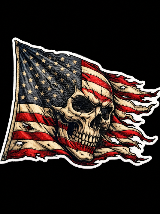 Skull merged with a red, white, and blue American flag and flame-like edges UV decal