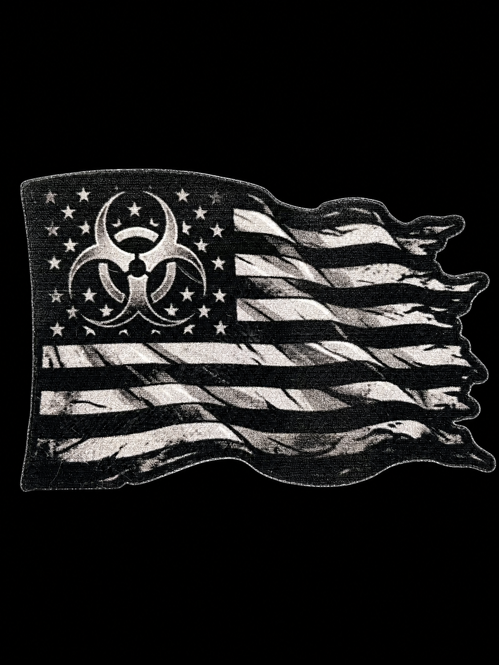 Distressed black American flag with biohazard-style symbols and torn edges UV decal