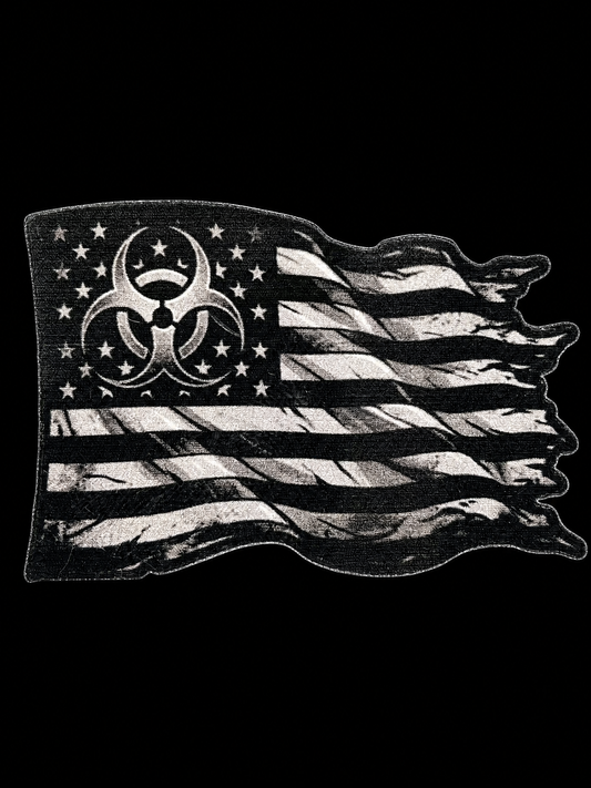 Distressed black American flag with biohazard-style symbols and torn edges UV decal