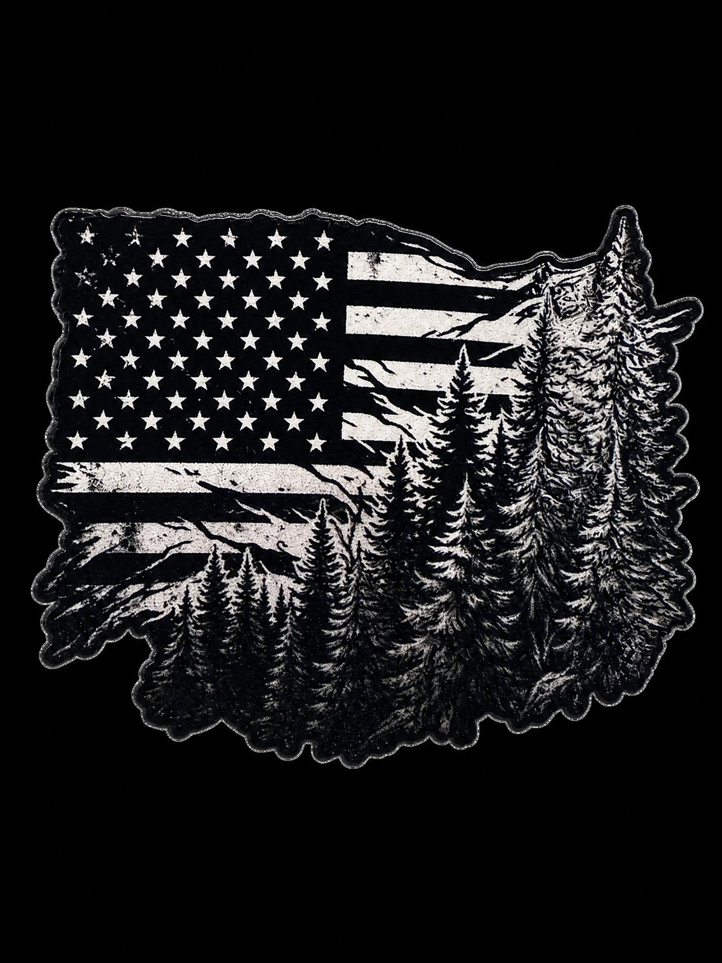 Wolf and pine forest layered over a monochrome American flag UV decal