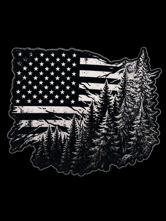 Wolf and pine forest layered over a monochrome American flag UV decal