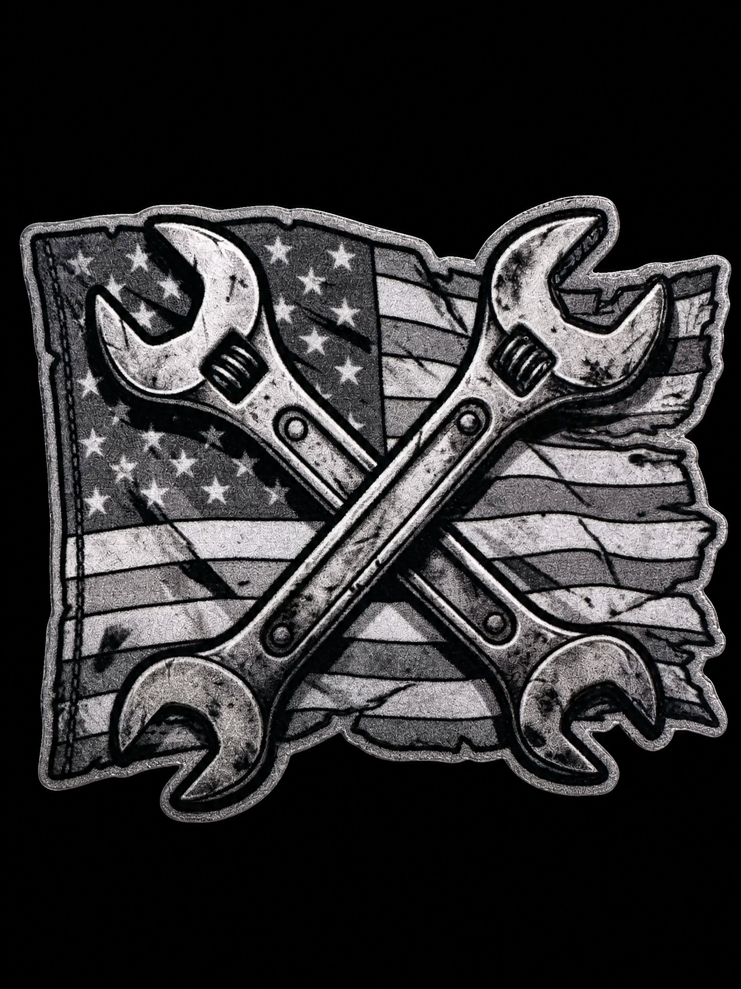 Crossed adjustable wrenches over a distressed grayscale American flag UV decal