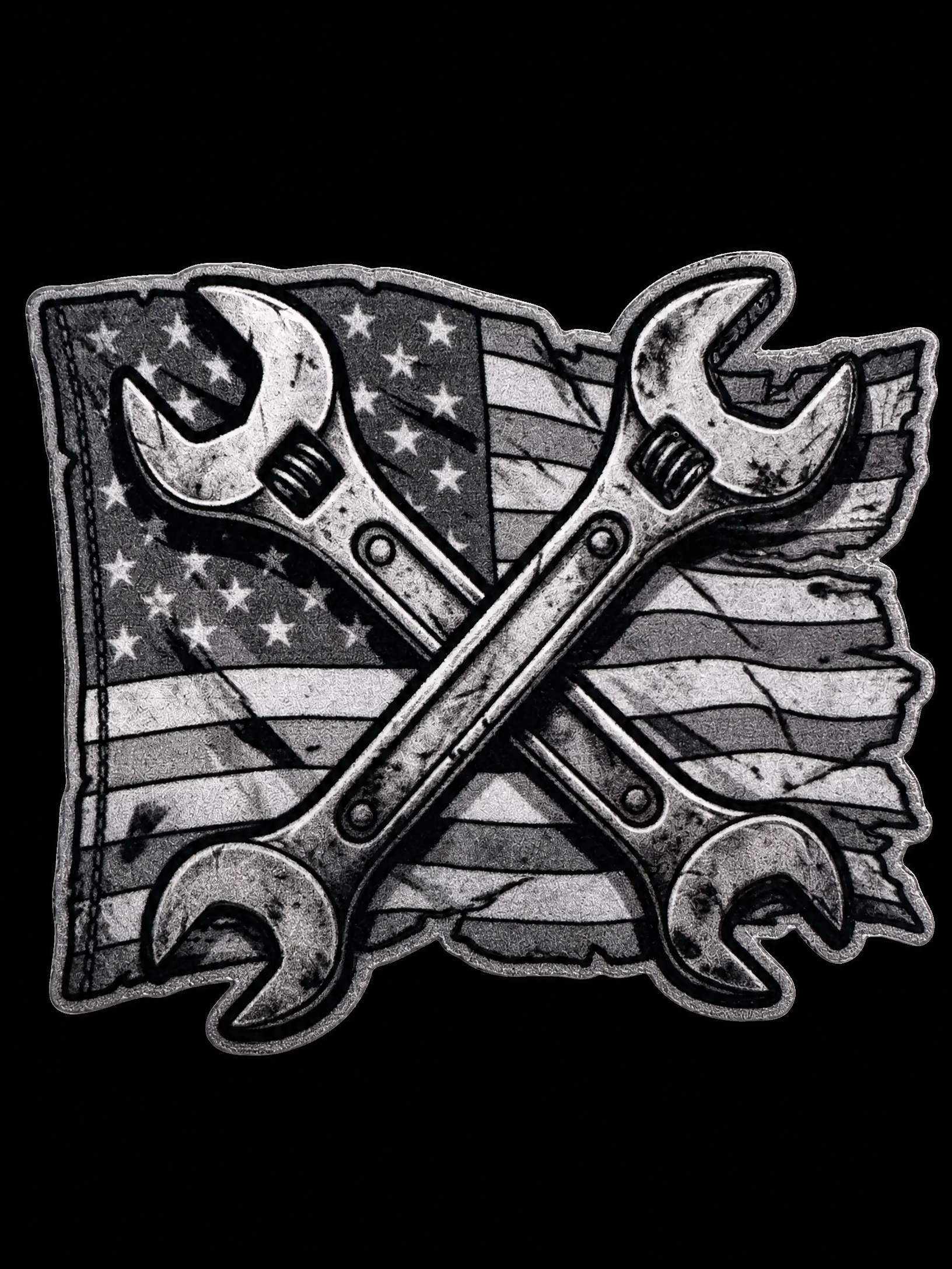 Crossed adjustable wrenches over a distressed grayscale American flag UV decal