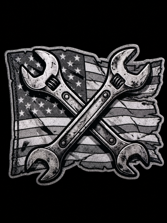 Crossed adjustable wrenches over a distressed grayscale American flag UV decal