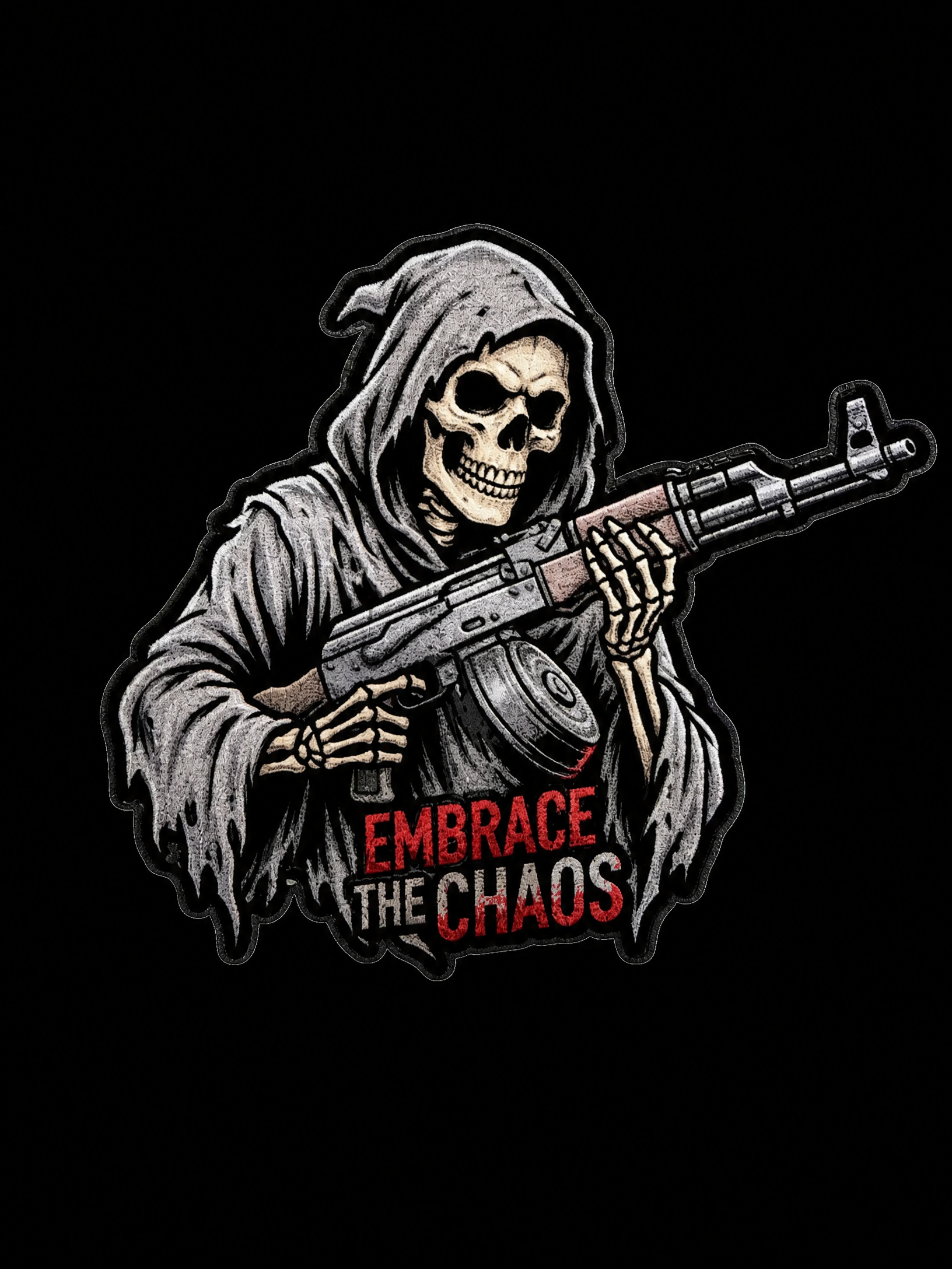 Hooded grim reaper holding a rifle with Embrace the Chaos text UV decal