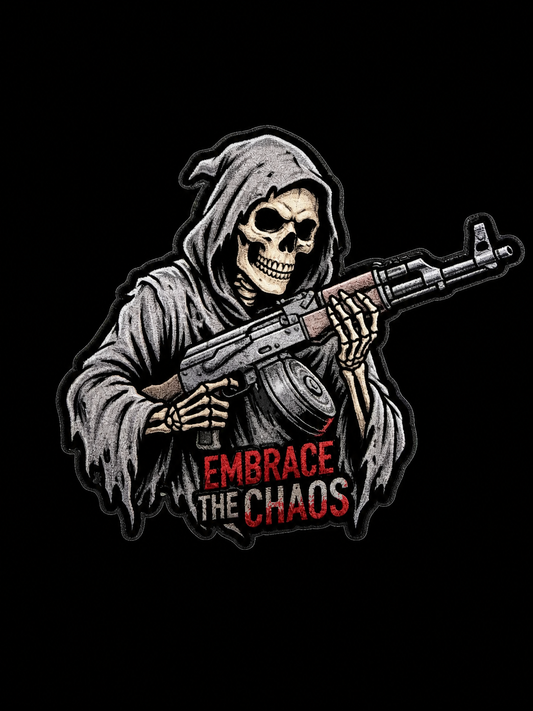 Hooded grim reaper holding a rifle with Embrace the Chaos text UV decal