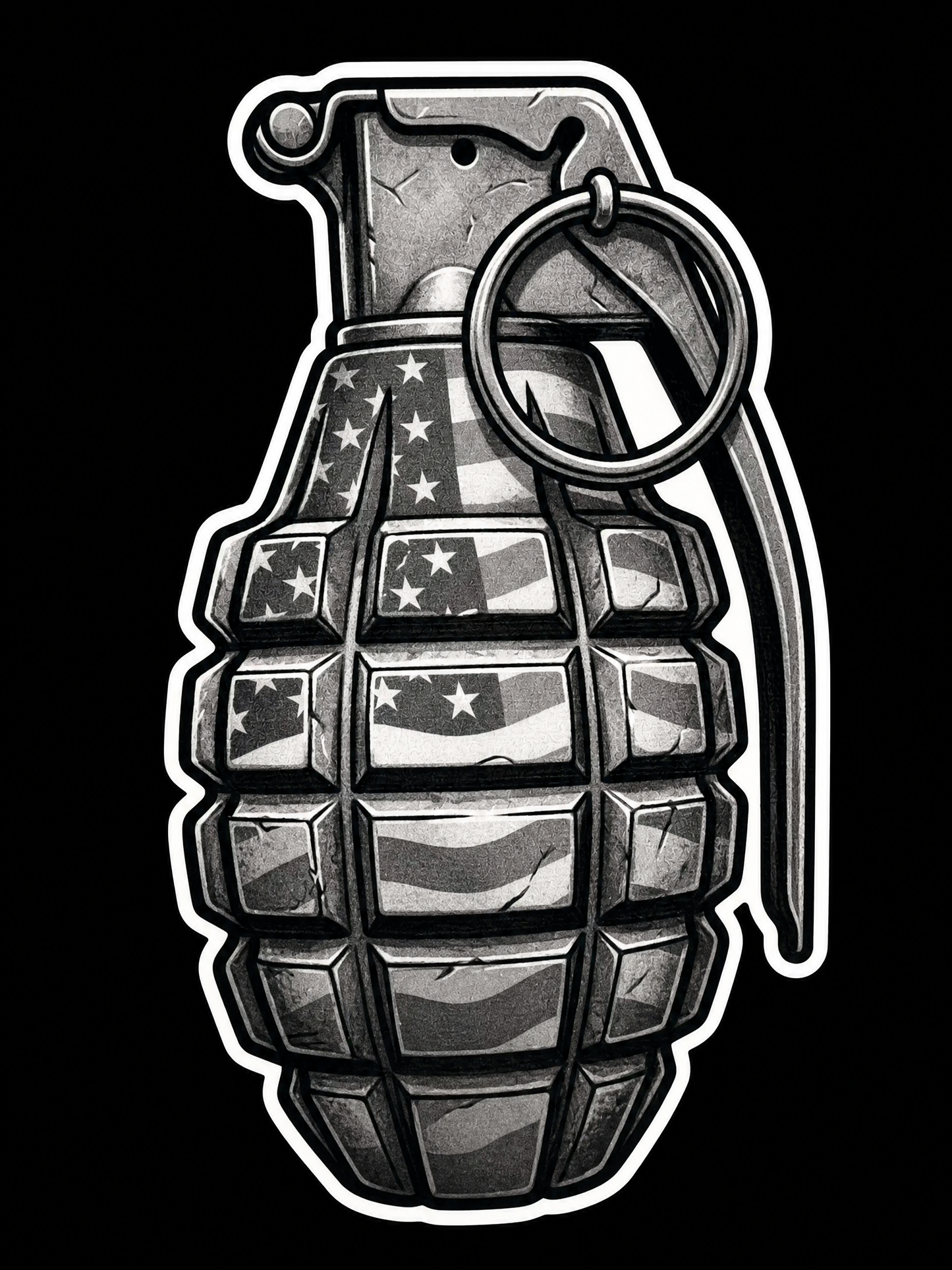 Hand grenade filled with a distressed grayscale American flag pattern UV decal