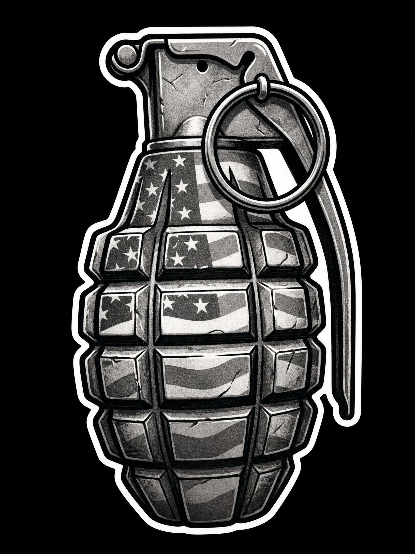 Hand grenade filled with a distressed grayscale American flag pattern UV decal
