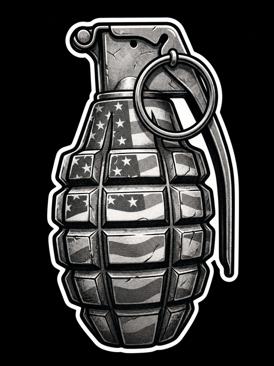 Hand grenade filled with a distressed grayscale American flag pattern UV decal