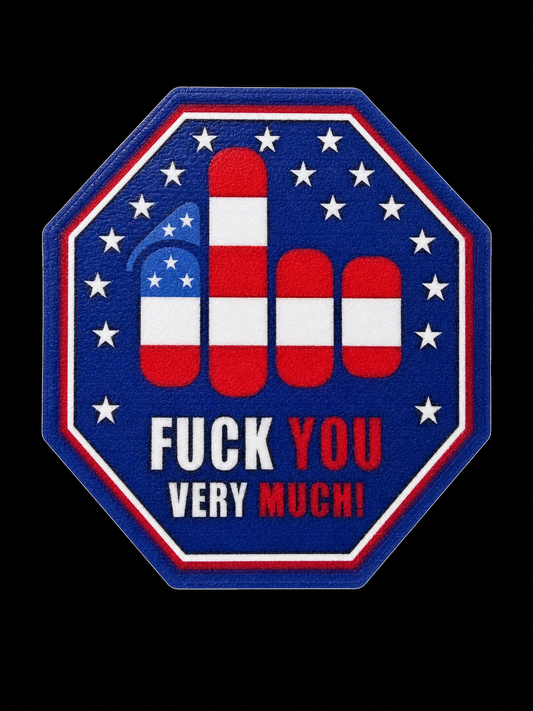 Patriotic red, white, and blue raised middle-finger graphic with explicit text UV decal