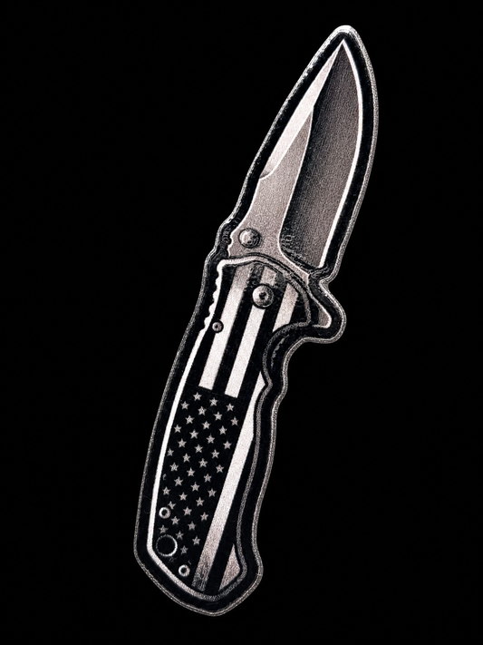 Black folding tactical knife with a silver blade and textured handle UV decal