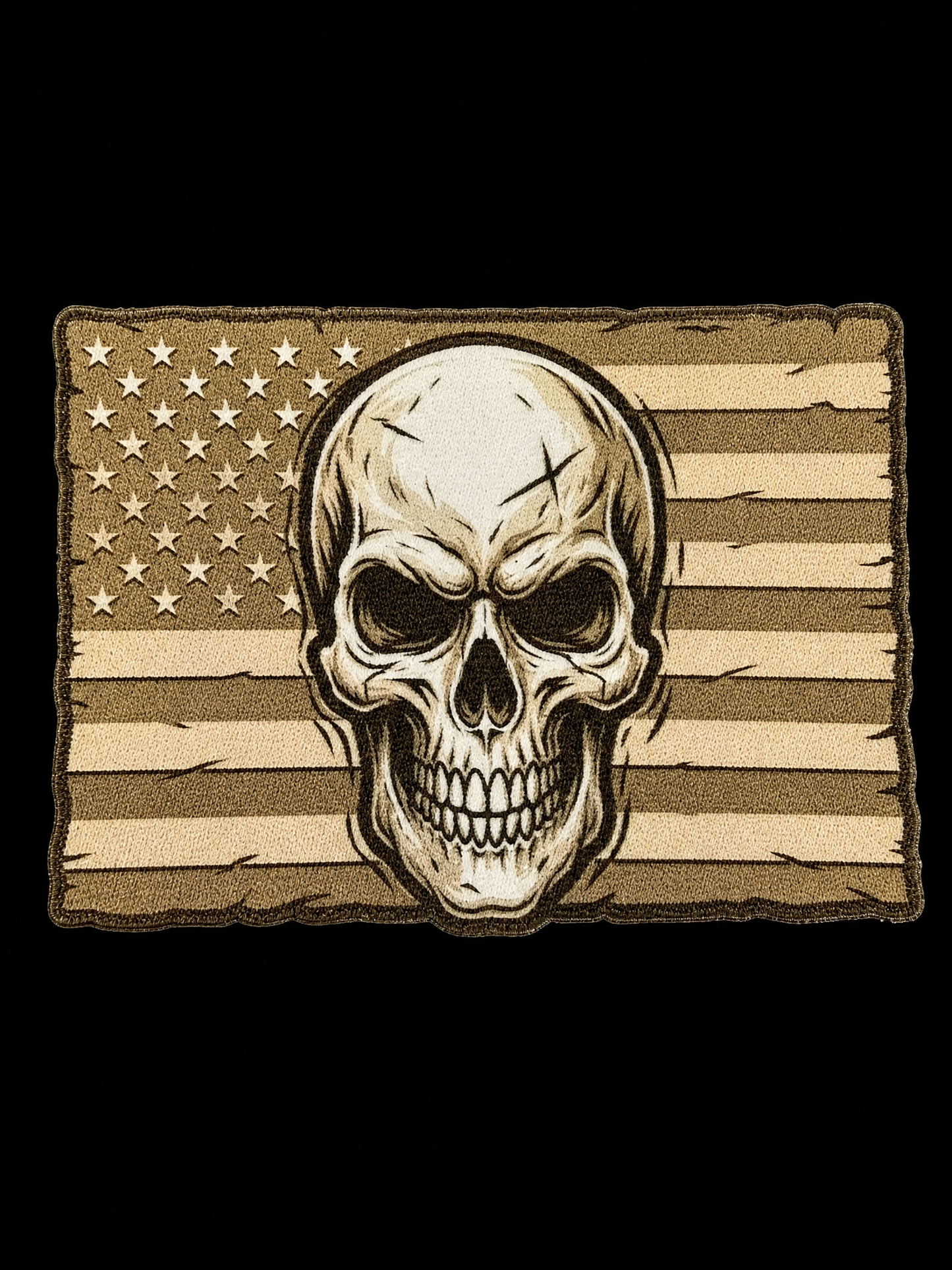 Weathered skull centered over a distressed tan and brown American flag UV decal