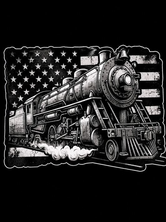 Vintage steam locomotive over a distressed black-and-white American flag UV decal