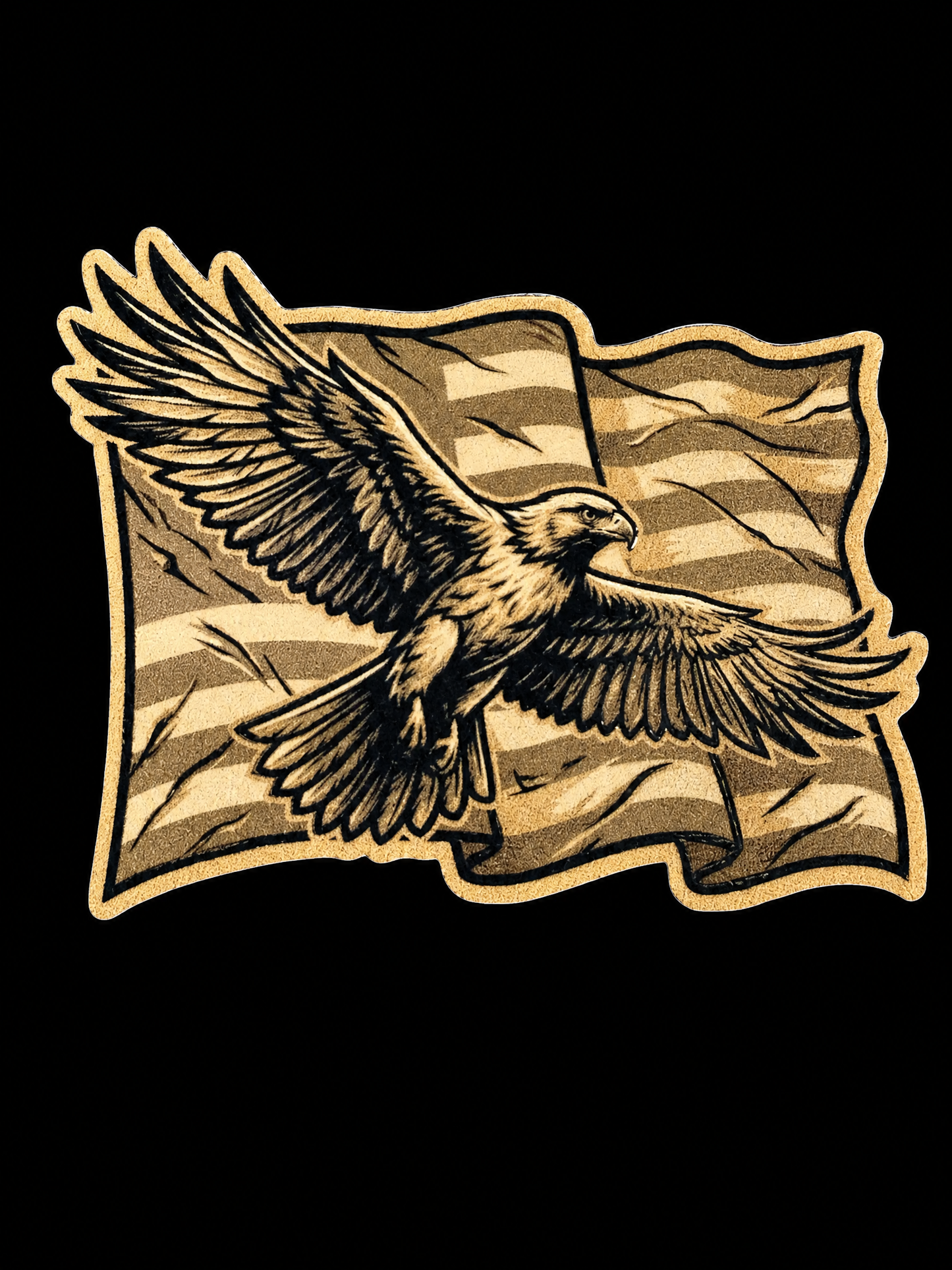 Flying bald eagle over a distressed tan American flag UV decal