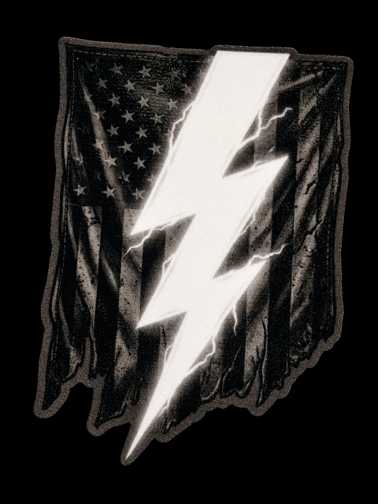 White lightning bolt centered on a distressed black rectangular field UV decal