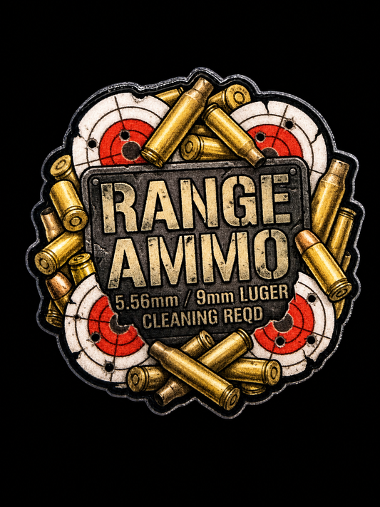 Circular cartridge design with Range Ammo, 5.56mm, and 9mm Luger text UV decal