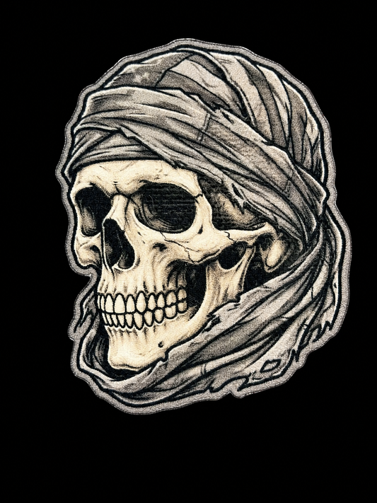 Grinning skull wrapped in a folded gray hood with deep shadow detail UV decal