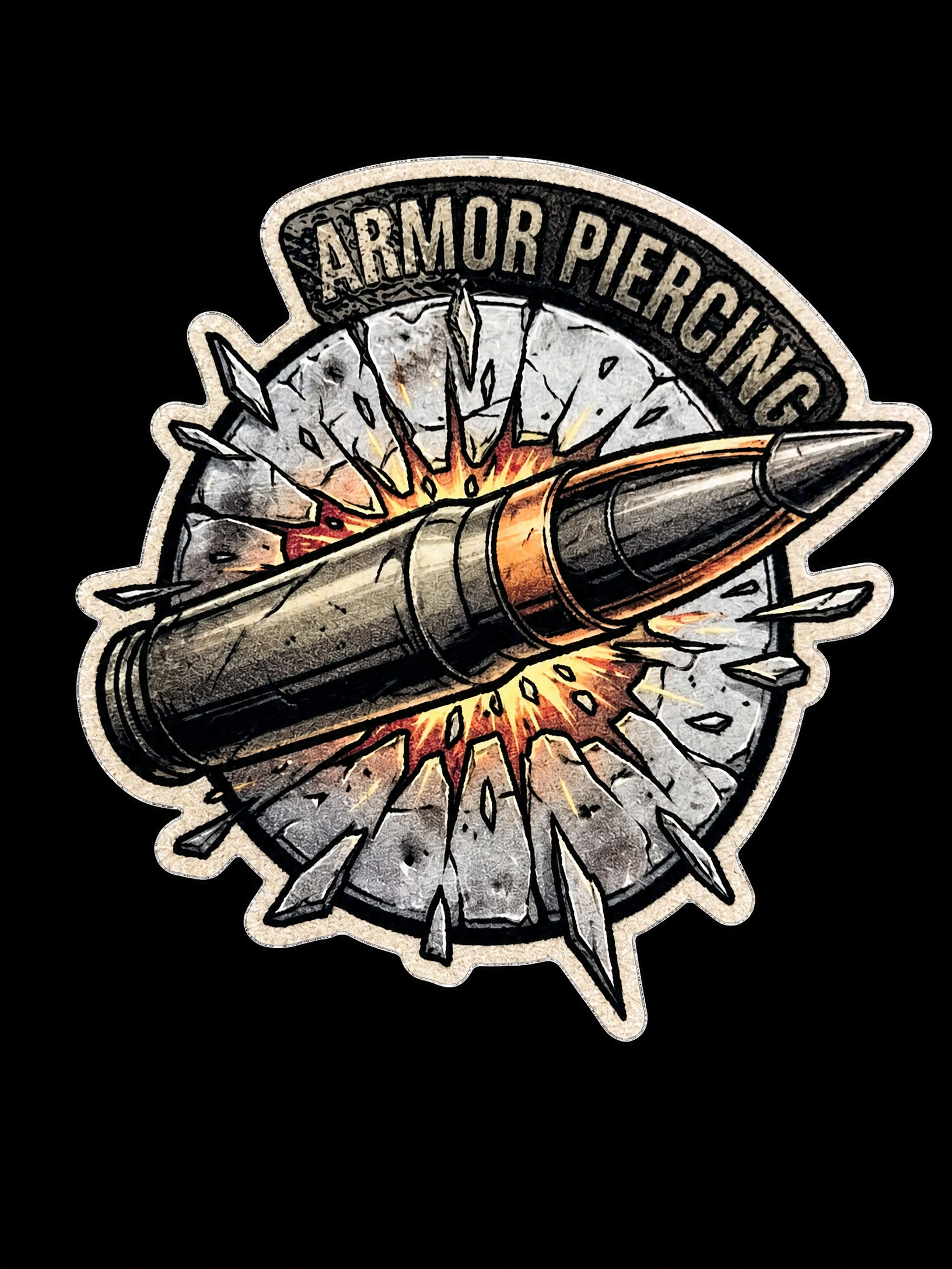 Large cartridge bursting through a cracked circle with Armor Piercing text UV decal