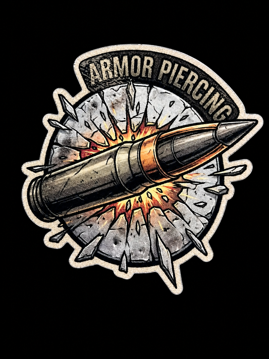 Large cartridge bursting through a cracked circle with Armor Piercing text UV decal