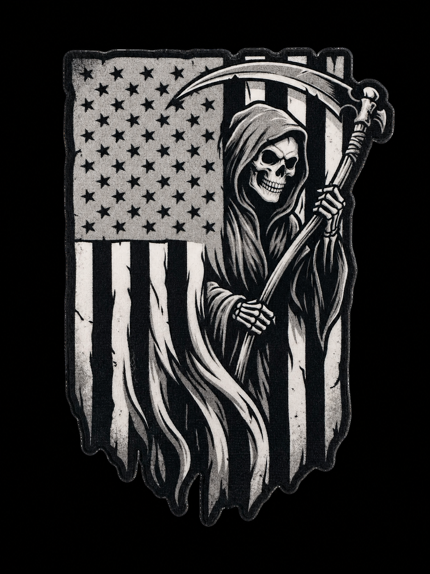 Hooded grim reaper with rifle before a flowing black-and-white American flag UV decal