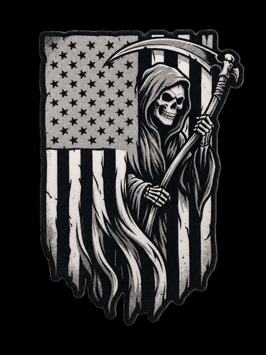 Hooded grim reaper with rifle before a flowing black-and-white American flag UV decal