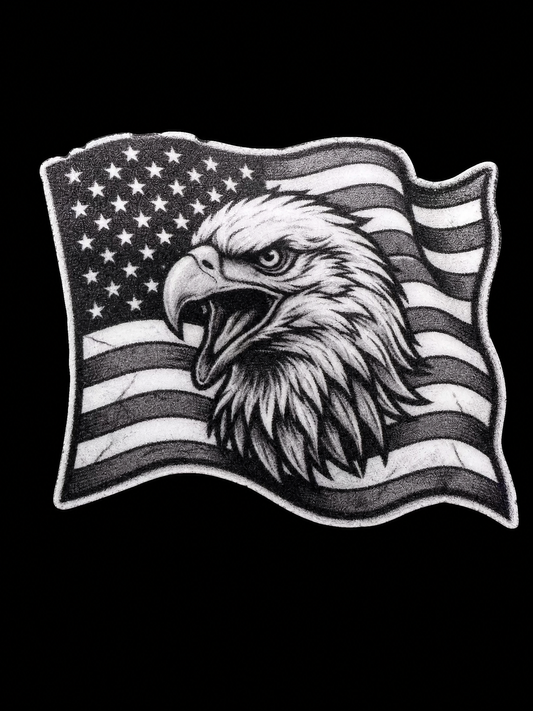 Bald eagle head in front of a distressed grayscale American flag UV decal